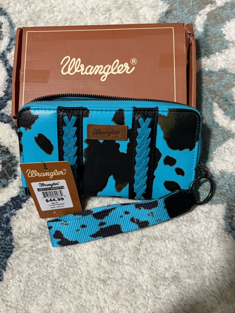Wrangler Turquoise and Black Cowhide Print Wristlet Wallet NWT
